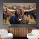 Majestic bull head close-up, long curved horns, detailed fur by MyGreatCanvas | Canvas Wall Art Prints | Photo Prints & Wall Decor