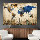 World Map Canvas Print – Vintage Blue and Gold World Map