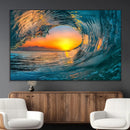 Ocean Wave Sunset Wall Art | Large Coastal Wave Canvas Print