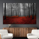 Red Forest Floor Canvas Wall Art – Mystical Foggy Woodland