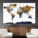 Modern Abstract World Map Canvas Wall Art – Framed Blue and