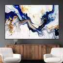 Golden Cascades on Midnight Blue – Deep Blue Abstract Wall