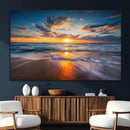 Sunset on the Ocean Beach with Waves, Reflections on Sand,