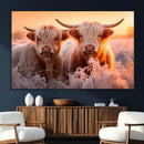 Highland Cows at Sunrise Wall Art Canvas Set – Serene and