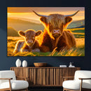 Scottish Cow and Baby Cow Canvas Wall Art Animal Print