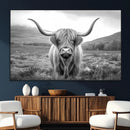 Black White Scottish Highland Cow Canvas Farm Wall Art