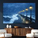 Stormy Ocean Pier Lights Canvas Wall Art Print - Large Moody