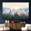 Misty Pine Forest Wall Art Canvas, Sunrise Over Foggy Trees
