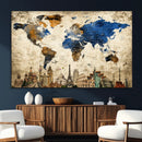World Map Canvas Print – Vintage Blue and Gold World Map