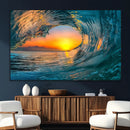 Ocean Wave Sunset Wall Art | Large Coastal Wave Canvas Print