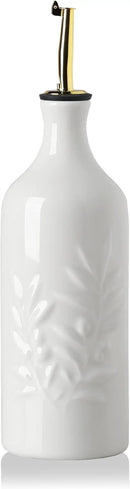 Sweejar Ceramic Olive Oil Dispenser Bottle 20 Oz Relief Opaque Oil Cruet Protects To Reduce Oxidation Suitable for Storage Vinegar, Soy Sauce, Coffee Syrup, Liquids, Set of 1 (White Gold Spout) by CozyNest Decor