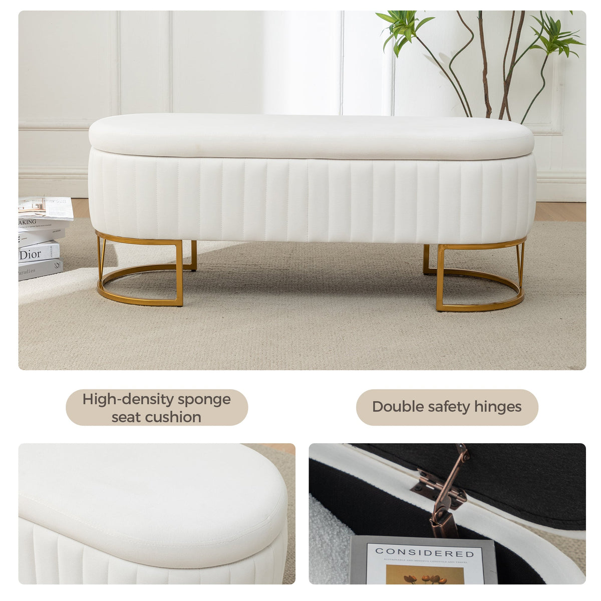 Storage Bench Bedroom Bench with Golden Metal Legs, photo 7 of 10