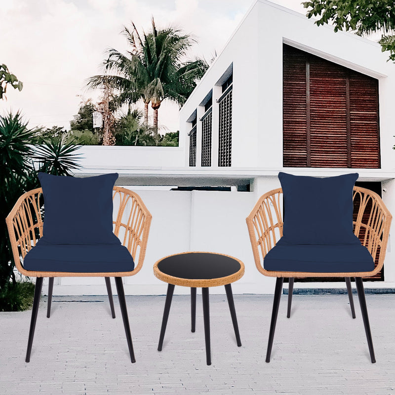 3 Piece Patio Bistro Set with Side Table, Outdoor PE Rattan Conversation Chair Set,Furniture of Coffee Table with Glass Top,Cushions & Lumbar Pillows for Garden,Backyard,Balcony or Poolside(Dark Blue)