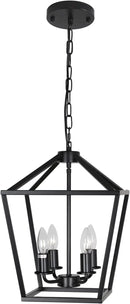 4-Light Lantern Pendant Light,Modern Industrial Black Cage Farmhouse Chandelier for Kitchen Island,12'' Rustic Metal Hanging Lighting Fixture for Dining Room Bedroom Foyer Entry Porch by CozyNest Decor