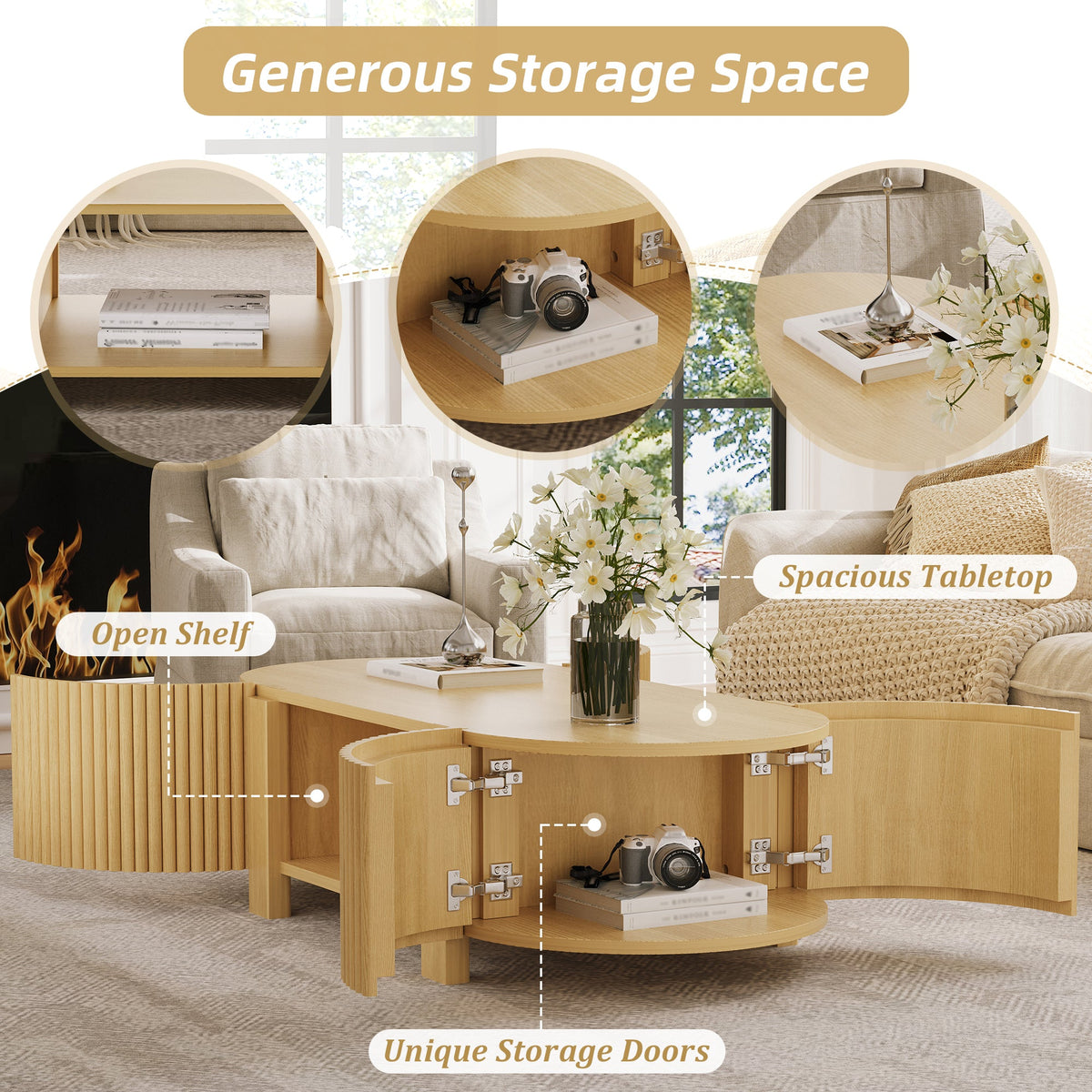Oval Fluted Coffee Table with Storage for Living Room, photo 10 of 10