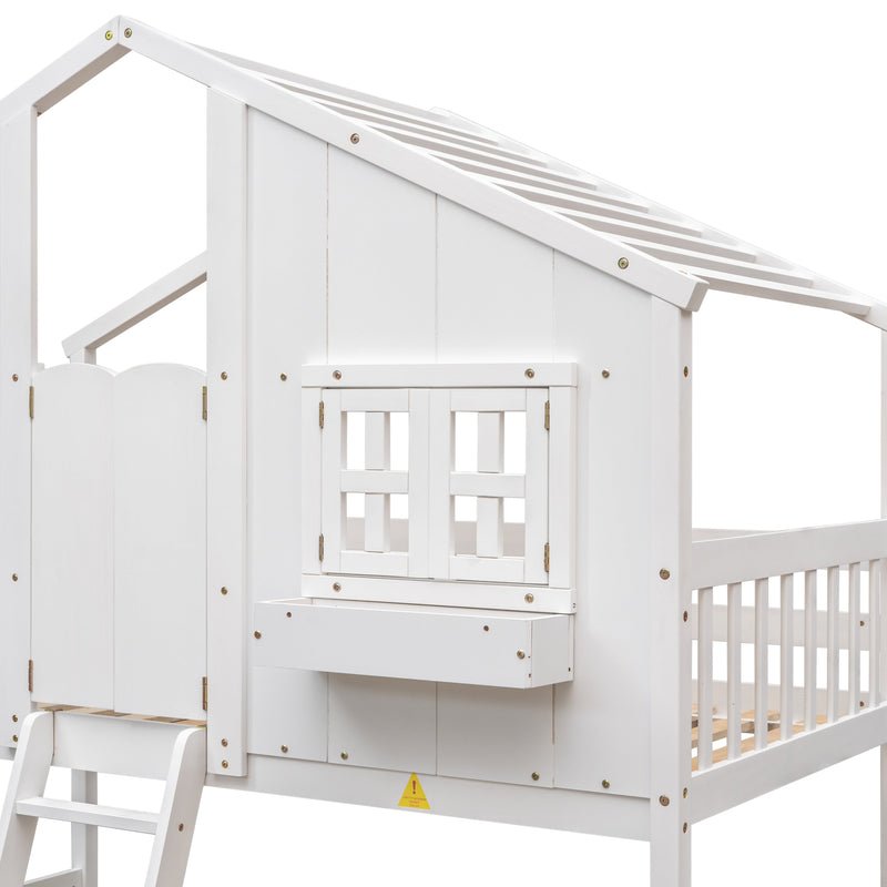 Twin over Twin House Bunk Bed with Roof, Window, Window Box, Door, with Safety Guardrails and Ladder, White