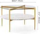 Round Coffee Table for Living Room, Mid-Century Modern Design, D30 x H17, 2-Tier Structure, Clear Glass Top and White Marble Finish Wood Shelf, Sleek Conical Metal Legs with Gold Finish Frame by CozyNest Decor