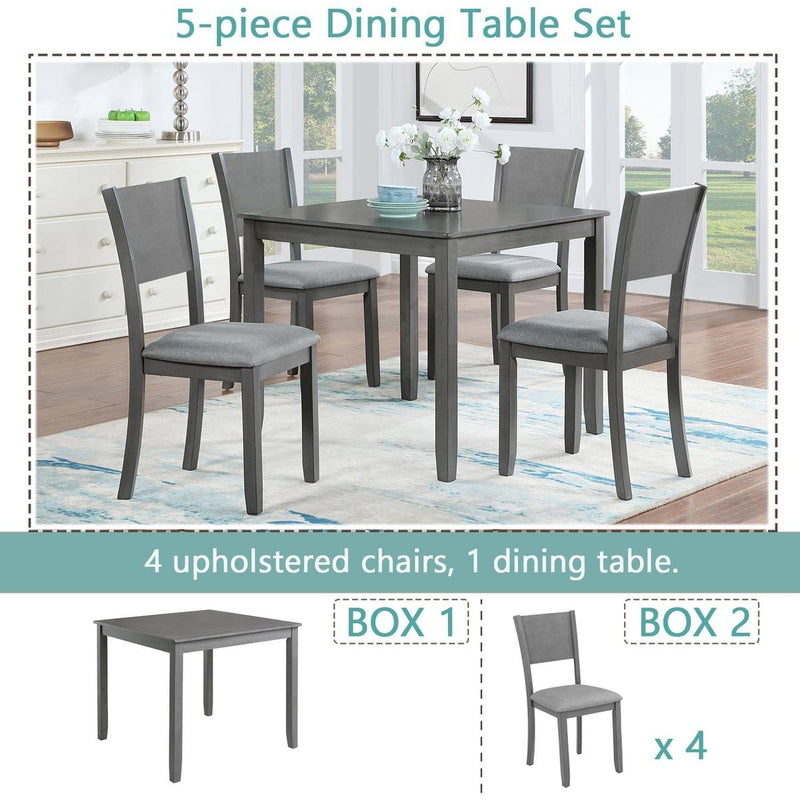 5 Piece Modern Dining Set, Square Wooden Dining Table with 4 Upholstered Chairs for Kitchen, Dining Room, Gray