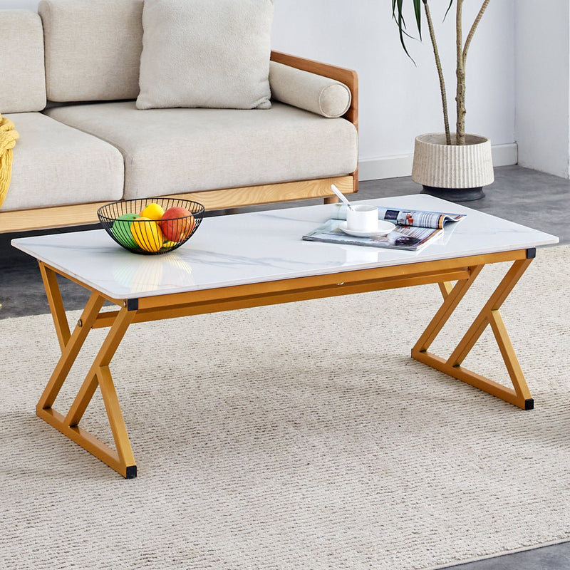 A modern minimalist style white marble patterned coffee table with golden metal legs. Computer desk. Game table. Tea table. CT-XX
