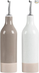 famiware Milkyway 16oz Ceramic Olive Oil Dispenser Bottle, Olive Oil and Vinegar Dispenser Bottle Set of 2 with Stainless Steel Pourers, Suitable for Storage Vinegar, Liquids, White and Cinnamon Brown by CozyNest Decor