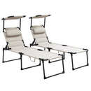 2 Pcs Outdoor Lounge Chair, Adjustable Backrest Folding Chaise Lounge, Cushioned Tanning Chair w/ Sunshade Roof & Pillow Headrest for Beach, Camping, Hiking, Cream White