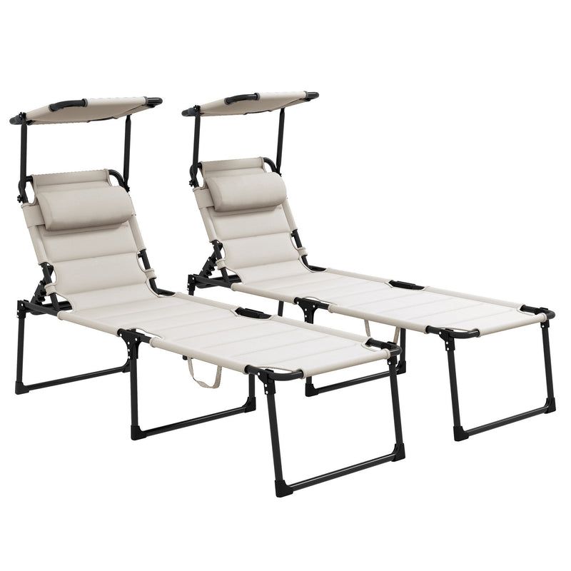 2 Pcs Outdoor Lounge Chair, Adjustable Backrest Folding Chaise Lounge, Cushioned Tanning Chair w/ Sunshade Roof & Pillow Headrest for Beach, Camping, Hiking, Cream White