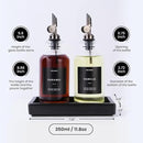Molimoli Oil and Vinegar Dispenser with Metal Pour Spout, Weighted Pourer, Glass Bottle Dispenser for Kitchen w. Ceramic Tray|Black, 350ml, Set of 2