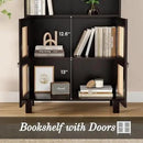 Tall Bookshelf, 5-Tier Book Shelf with 2 Rattan Doors, Freestanding Bookcase Display Shelves with Large Storage, Book Case for Living Room, Office, Study, Bedroom, 70.9 Inch by CozyNest Decor