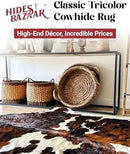 Tricolor Cowhide Rug Classic Brown, Black and White Color Mix, Natural Leather Hide, Area Rug (6x8ft) by CozyNest Decor