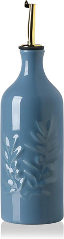 Sweejar Ceramic Olive Oil Dispenser Bottle 20 Oz Relief Opaque Oil Cruet Protects To Reduce Oxidation Suitable for Storage Vinegar, Soy Sauce, Coffee Syrup, Liquids, Set of 1 (Fogblue Gold Spout) by CozyNest Decor
