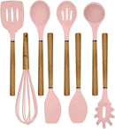 Country Kitchen Non Stick Silicone Utensil Set with Rounded Wood Handles for Cooking and Baking, 8 Piece Set, Pink by CozyNest Decor