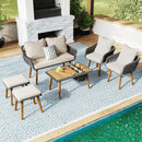 6-Piece Rope Patio Furniture Set, Outdoor Furniture with Acacia Wood Cool Bar Table with Ice Bucket, Deep Seat Patio Conversation Set with Two Stools for Backyard Porch Balcony (Black & Beige)