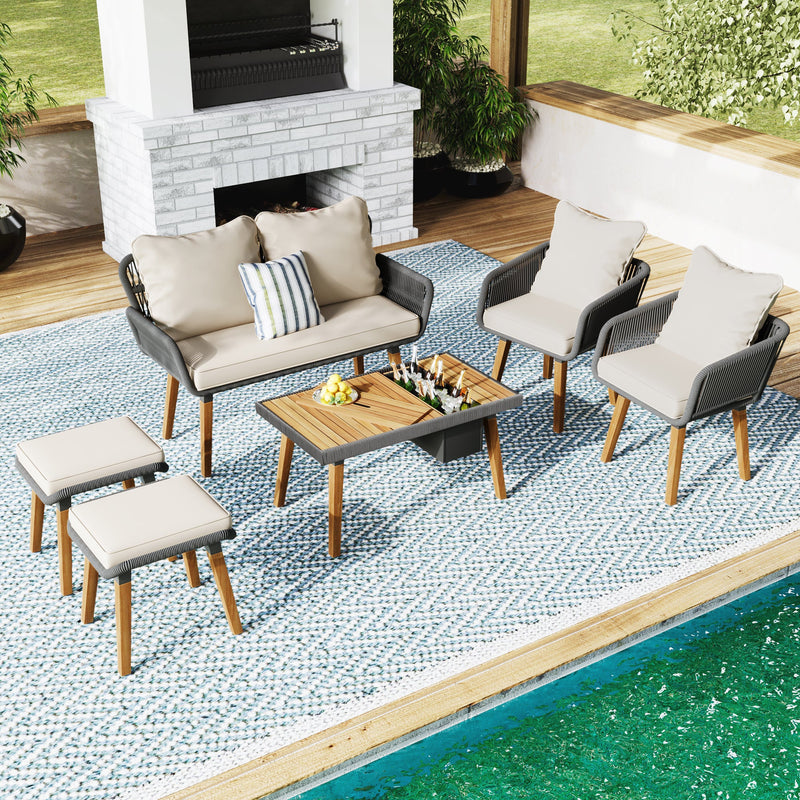 6-Piece Rope Patio Furniture Set, Outdoor Furniture with Acacia Wood Cool Bar Table with Ice Bucket, Deep Seat Patio Conversation Set with Two Stools for Backyard Porch Balcony (Black & Beige)