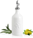 Sweejar 16 Oz Ceramic Olive Oil Dispenser Bottle, Oil Dispenser for Kitchen with Gravity Spout, Relief Opaque Oil Container for Evoo, Avocado Oil, Vinegar, Soy Sauce, 1 Pack(White, Silver Spout) by CozyNest Decor