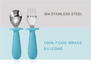 PandaEar 4 Set Baby Toddler Silicone Stainless Steel Utensils Silverware Spoon Fork for Baby Toddler BPA Free with Silicone Holding Anti-Choke Design (Blue&Grey) by TinyTreasures Baby Boutique