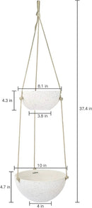 LA JOLIE MUSE 2 Tier Hanging Planters for Indoor & Outdoor Plants - Modern Flower Pots with Rope, Garden Planters with Drain Holes, Speckled White by GreenHaven Gardens