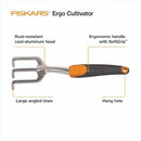 Fiskars Ergo Cultivator for Digging, Aerating Soil, and Weeding, Heavy Duty Garden Tool with Hanging Hole by GreenHaven Gardens