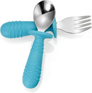PandaEar 4 Set Baby Toddler Silicone Stainless Steel Utensils Silverware Spoon Fork for Baby Toddler BPA Free with Silicone Holding Anti-Choke Design (Blue&Grey) by TinyTreasures Baby Boutique