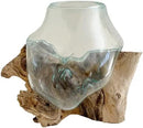 Hand Blown Molten Glass & Teak Wood Terrarium/Vase/Fish Bowl - Premium Quality (10" - 12" High) by CozyNest Decor