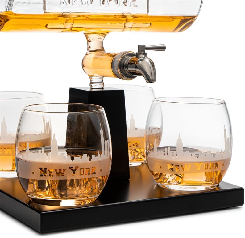 Wine & Whiskey Decanter Set 1100ml by The Wine Savant with 4 Whiskey Glasses, Drink Dispenser Scotch, Bourbon, Brandy Home Office Apartment Decor, Gifts - Dallas, Memphis, New York & Los Angeles Gifts