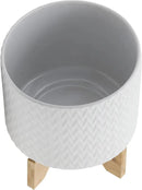 8" Ceramic Planter on Wooden Bamboo Stand - Contemporary White Chevron Design for Indoor or Outdoor Plants, Succulents, Cactus by GreenHaven Gardens