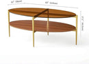 Oval Glass Coffee Table, Mid-Century Modern Design, L43 x W22 x H17 inch, 2-Tier Structure, Olive Shaped Amber Glass Top and Walnut Finish Wood Shelf, Tapered Legs with Gold Finish Frame by CozyNest Decor
