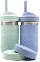 Elk and Friends 14oz Stainless Steel Kids + Toddler Drinking Cups | The Original Mason Jars with Lids + Sleeves + Straws | Smoothie Cups | Spill Resistant | Dishwasher Safe | 2 Pack by TinyTreasures Baby Boutique