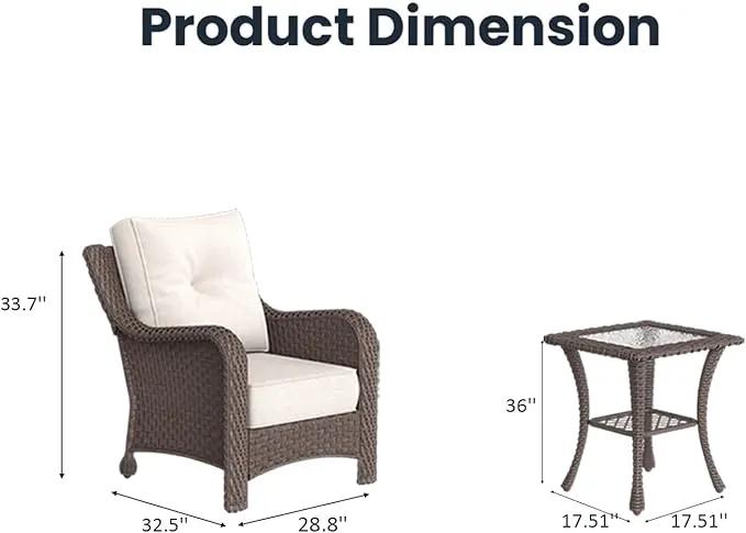 3 Pieces Outdoor Patio Furniture Sets with Single Chairs with 6-inch Thick Cushion and Side Table for Deck Lawn, photo 7 of 7