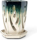 rePotme 4 x 6 inch Ceramic Orchid Pot (Evergreen Emerald Over Cream) - Hexagon Orchid Pot with Holes by GreenHaven Gardens