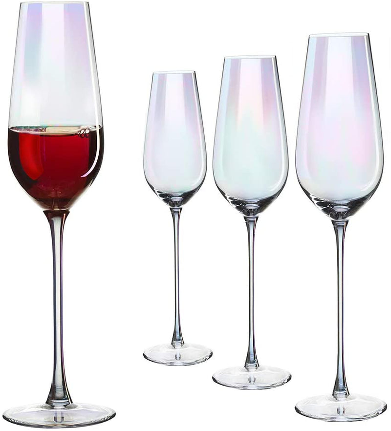 The Wine Savant Iridescent Glasses - Crystal Luster Radiance Set of 4 - Rainbow Colored Stemware Glassware, Durable Pearl Color Champagne Glasses, An Ethereal Shine (Tall Flutes)