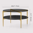Round Coffee Table for Living Room, Mid-Century Modern Design, D30 x H17, 2-Tier Structure, Grey Glass Top and Black Marble Finish Wood Shelf, Sleek Conical Metal Legs with Gold Finish Frame by CozyNest Decor