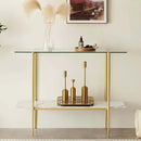 Glass Console Table for Living Room, Foyer & Entrance, 2-Tiers Mid-Century Modern Sofa Table with Clear Glass Top, White Marble Finish Wood Shelf and Gold Finish Frame by CozyNest Decor