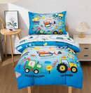 NTBED 4 Pieces Construction Truck Toddler Bedding Set for Baby Boys, Cartoon Vehicles Excavator Cars Printed, Includes Comforter, Flat Sheet, Fitted Sheet and Pillowcase,Sky Blue by TinyTreasures Baby Boutique