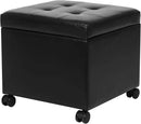 Adeco 17.7" Leather Ottoman with Wheels, Black Square Rolling Ottoman with Storage, Upholstered Button Tufted Vanity Stool with Hinged Lid for Living Room, Bedroom, Dorm by CozyNest Decor